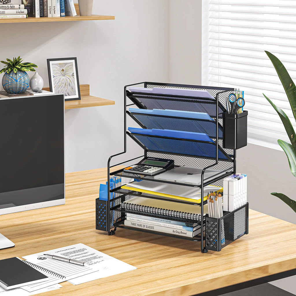 Office desk storage, table and drawer storage, 7-layer desktop filing rack, letter tray and paper organizer with pen holder and metal hanging basket, desktop filing rack, metal document rack with adjustable shelves, with draw
