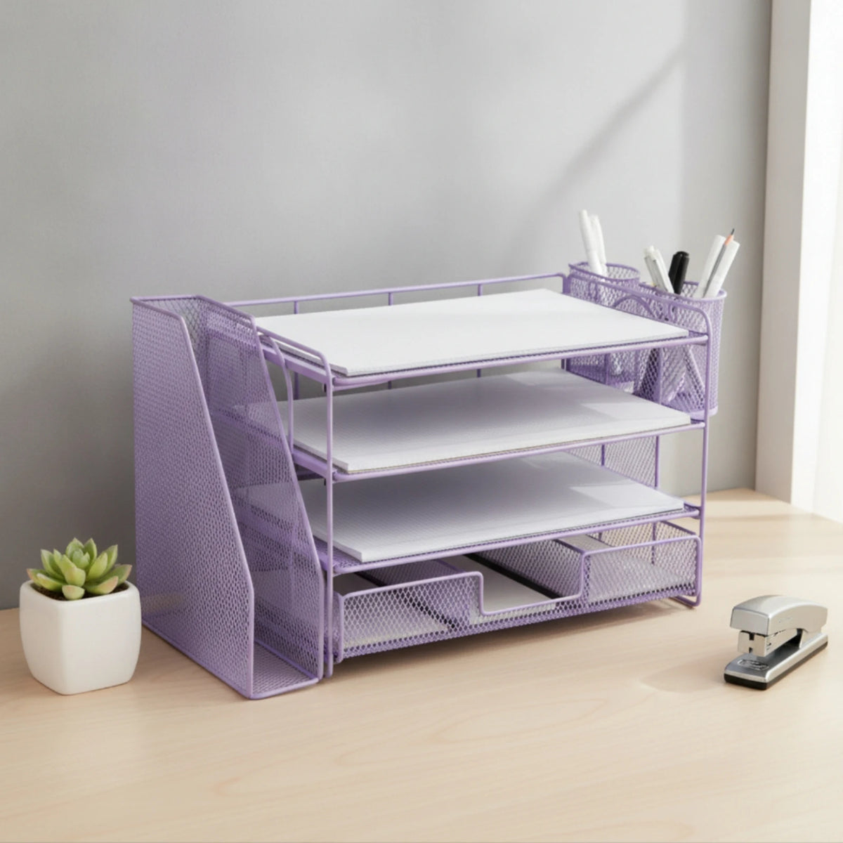 Mesh Desk Organizer with File Slot 4-Tier Desktop Organizer Rack Paper Letter Holder Open Design for Professionals, Office